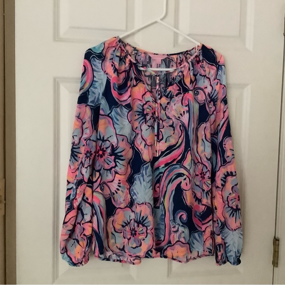 Lilly Pulitzer Pink and Blue Graphic Long Sleeve Blouse